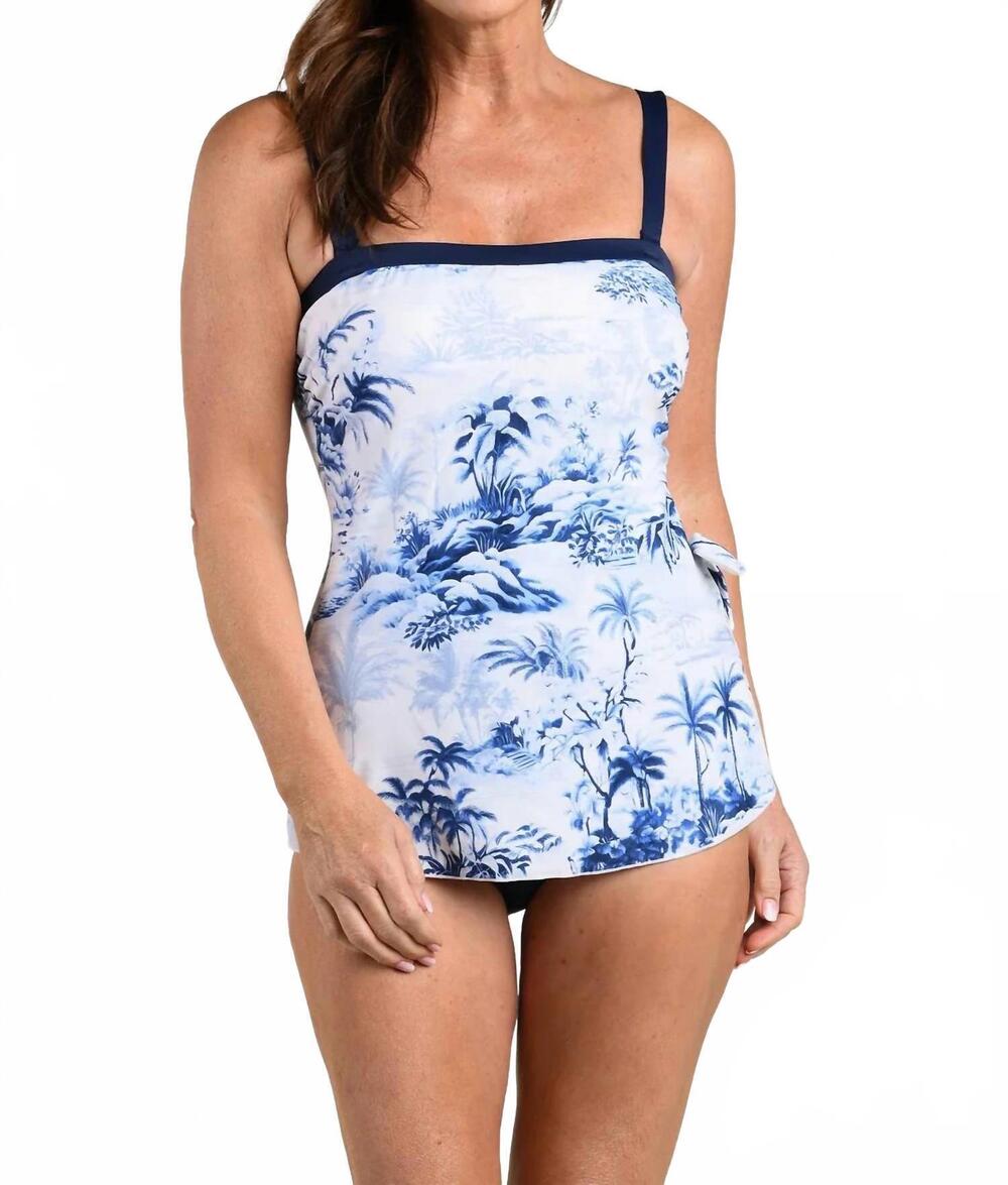 NEW MAXINE OF HOLLYWOOD toile de tropical bandeau sarong one piece in blue and w